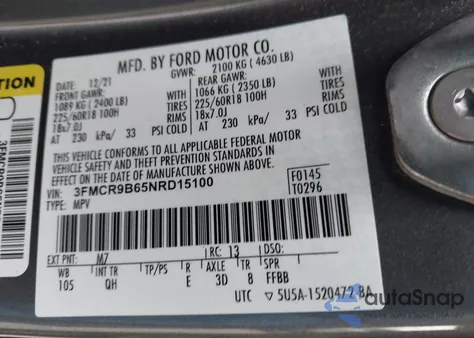 2022 Ford Bronco Sport Big Bend из США, поврежденный, VIN 3FMCR9B65NRD15100